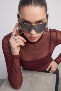 Kadın Bordo Transparan Tül Bluz