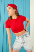 Kadın Kırmızı Pamuklu Likralı Crop Tshirt