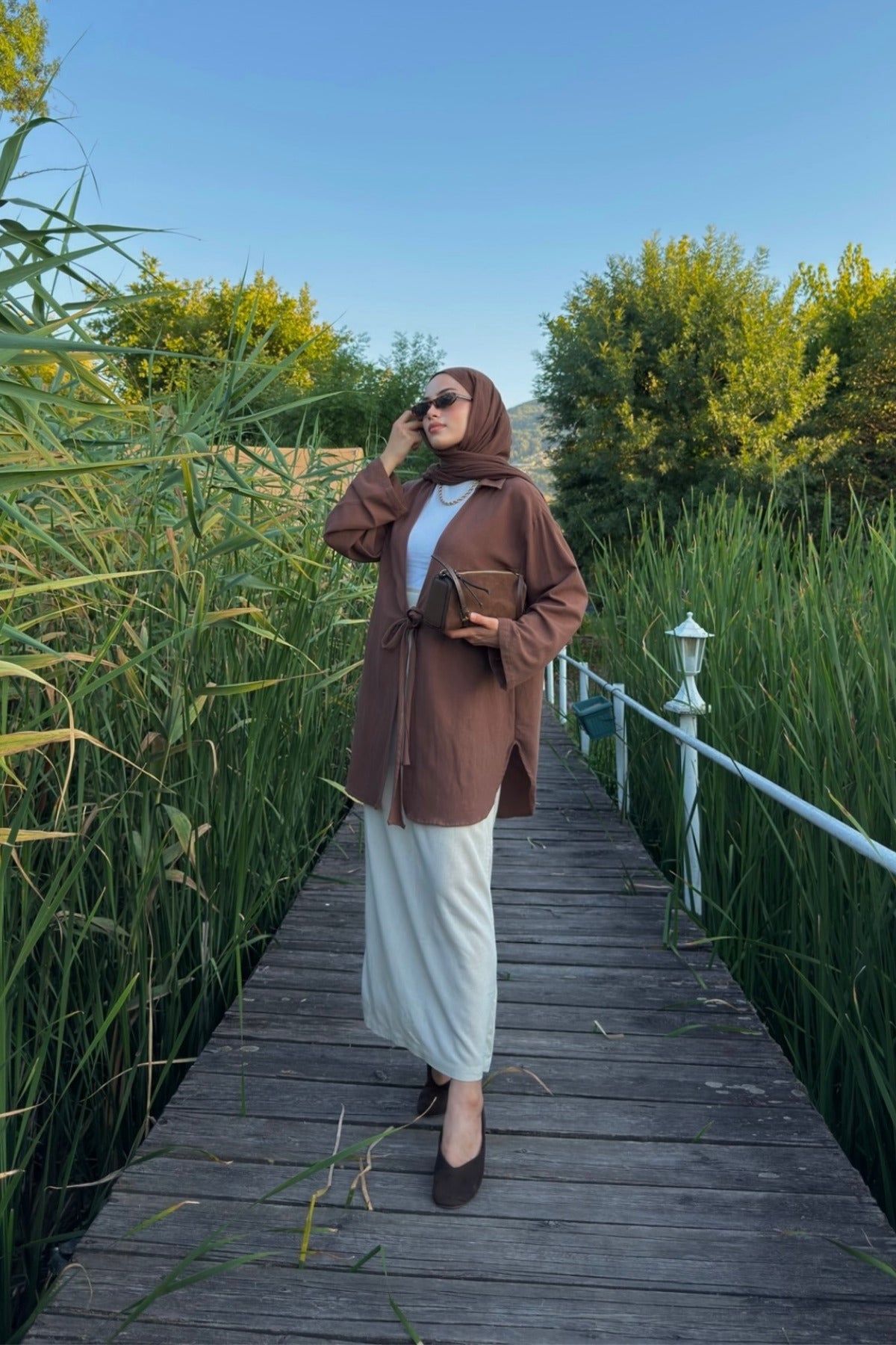 Kadın Acı Kahve Bağlama Detaylı Flam Keten Kimono