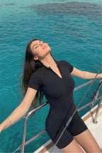 Kadın Fermuar Detaylı Tulum Şortlu Kısa Kol Likralı Relaxed Deniz/Havuz Mayosu