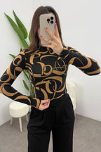 Kadın Siyah Camel Çengel Desenli Yarım Balıkçı Crop Bluz