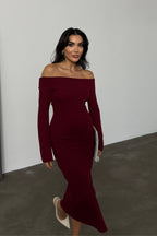 Kadın Bordo Carmen Yaka Yırtmaç Detaylı Midi Boy Basic Örme Elbise