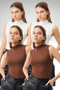 Kadın 2 Beyaz 2 Acı Kahve 4'lü Kolsuz Body
