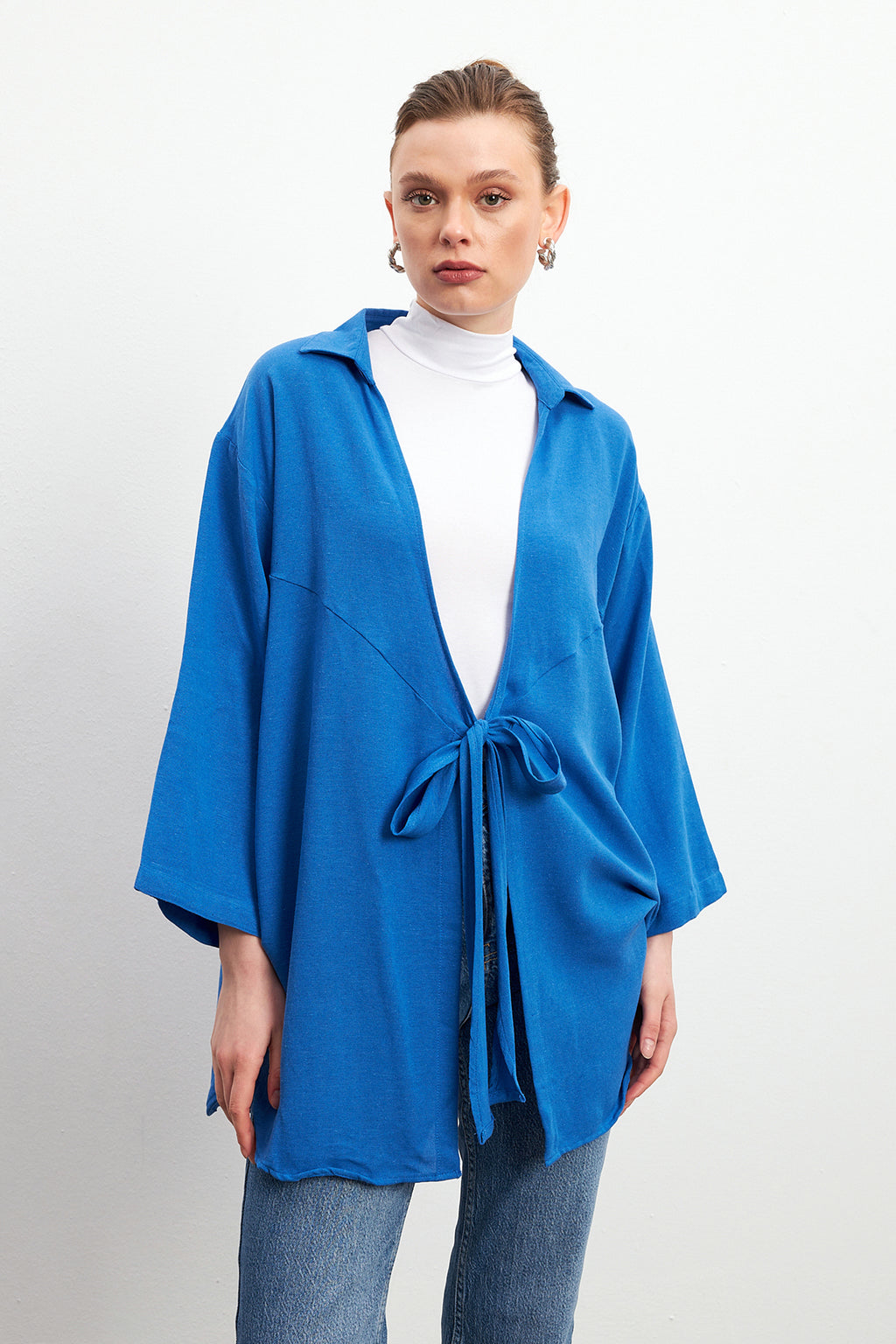 Kadın Mavi Bağlama Detaylı Flam Keten Kimono