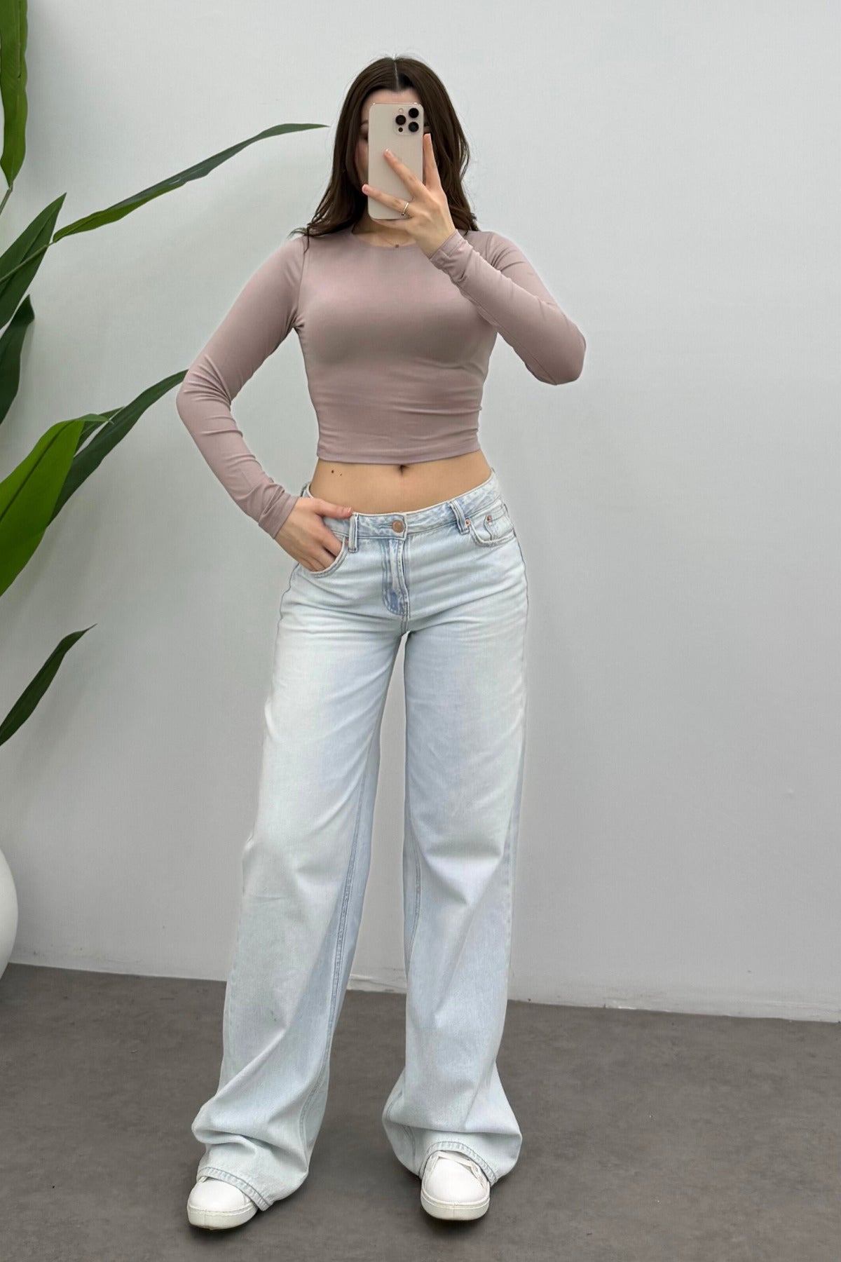 Kadın Açık Eflatun Bisiklet Yaka Uzun Kol Crop Bluz