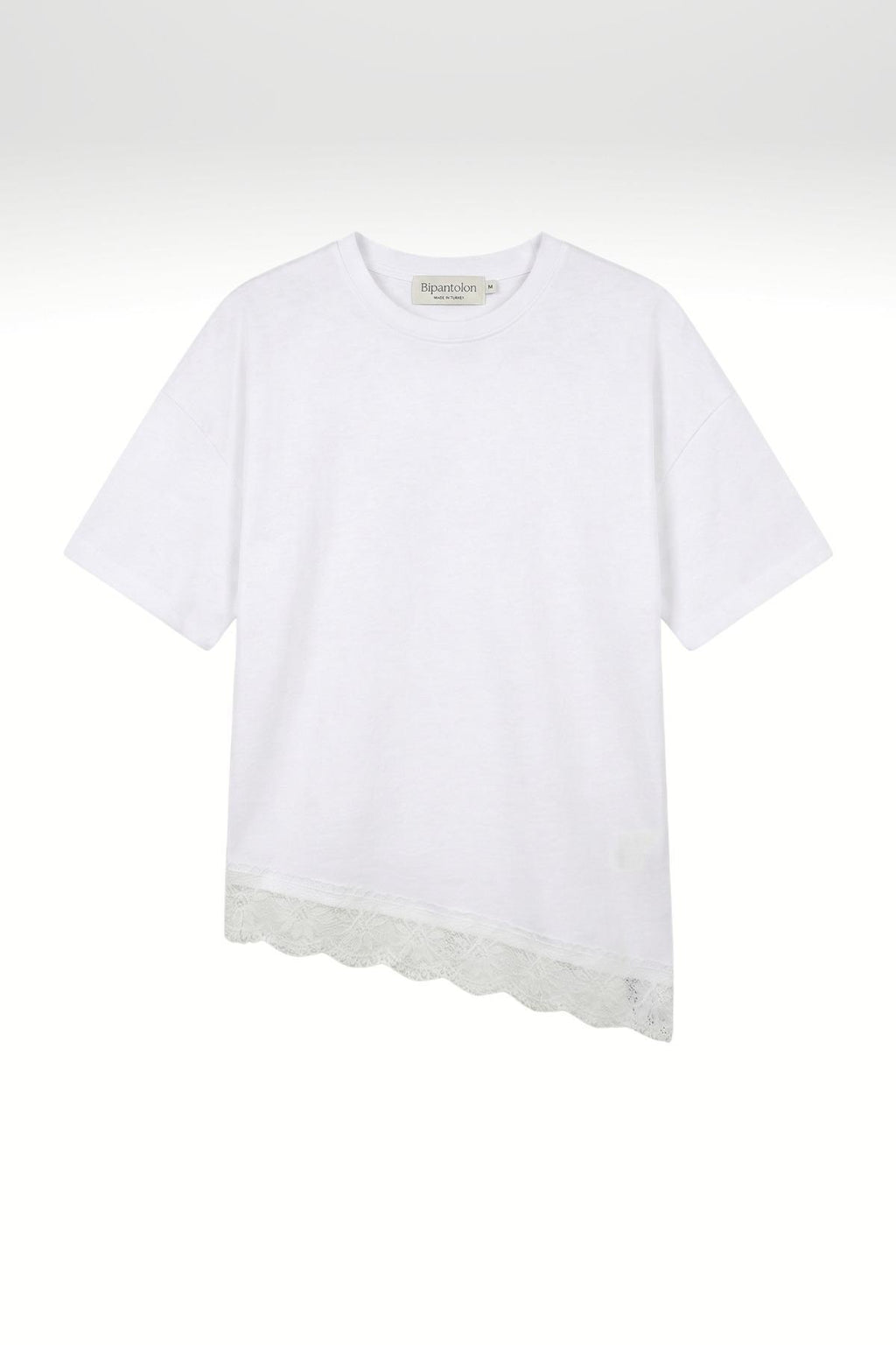 Kadın Pamuk Relaxed Yuvarlak Yaka Dantel Detaylı Asimetrik T-shirt Beyaz