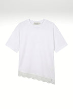 Kadın Pamuk Relaxed Yuvarlak Yaka Dantel Detaylı Asimetrik T-shirt Beyaz