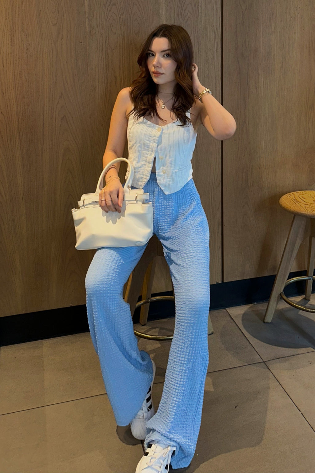 Kadın Bebe Mavisi Yüksek Bel Likralı Dökümlü Relax Bubble Pantolon