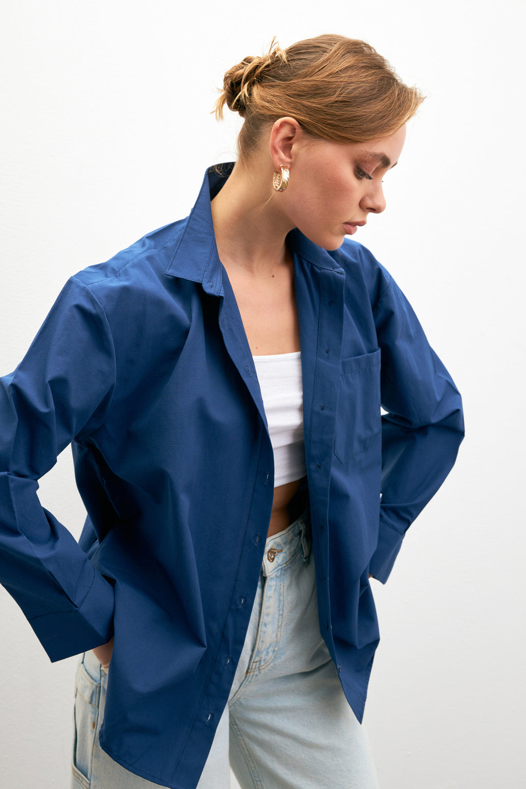 Kadın Lacivert Oversize Basic Cep Detaylı Poplin Uzun Kol Gömlek