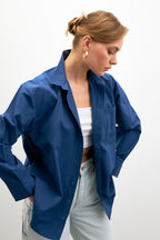 Kadın Lacivert Oversize Basic Cep Detaylı Poplin Uzun Kol Gömlek
