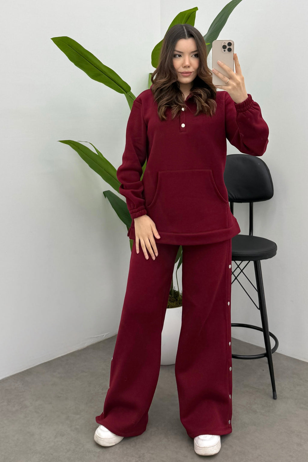 Kadın Bordo Şardonlu Çıtçıt Detaylı Yumuşak Sweatshirt Takım