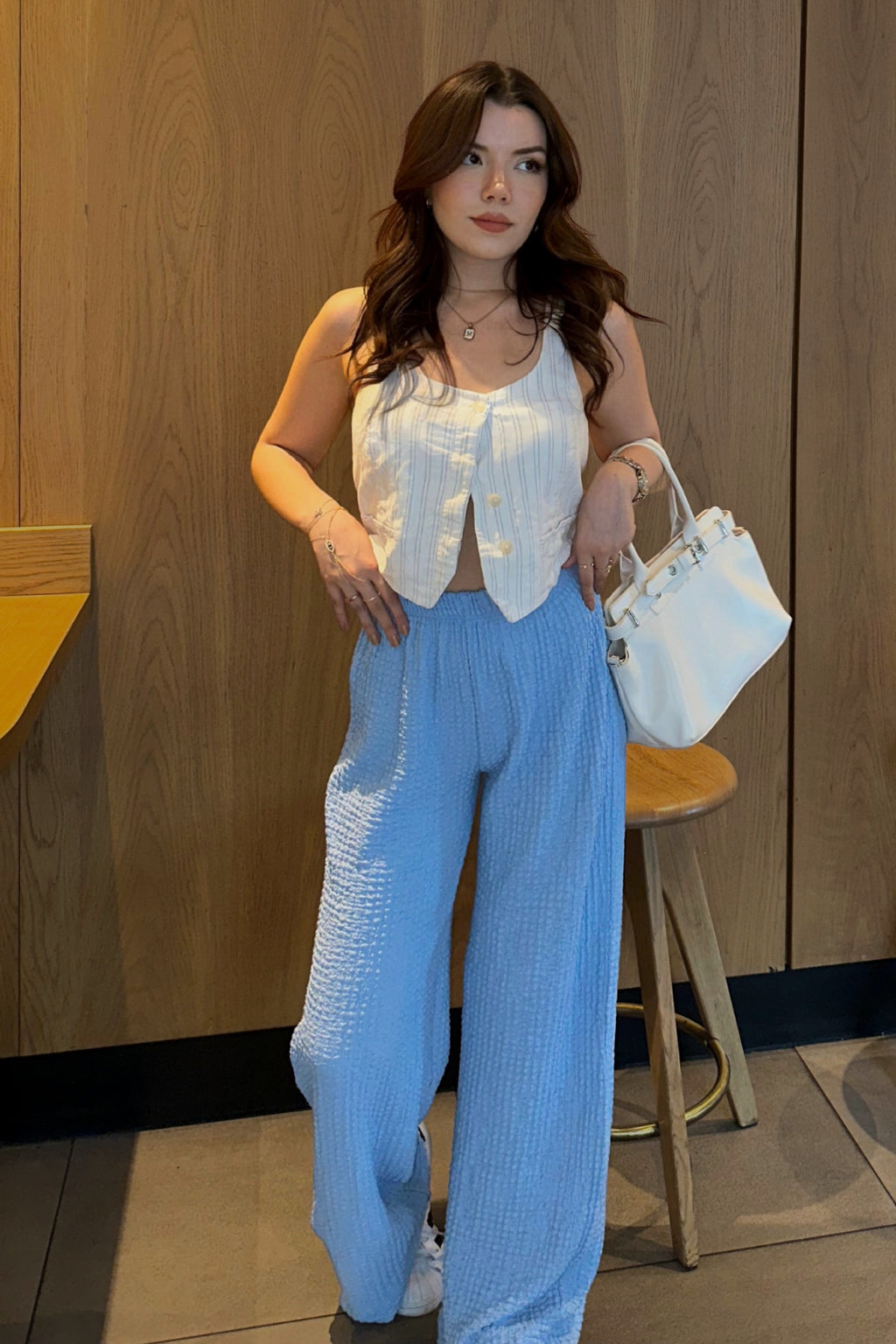 Kadın Bebe Mavisi Yüksek Bel Likralı Dökümlü Relax Bubble Pantolon