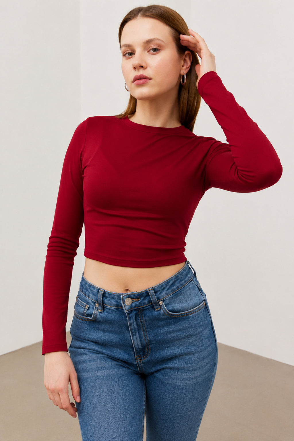 Kadın Bordo Bisiklet Yaka Uzun Kol Crop Bluz