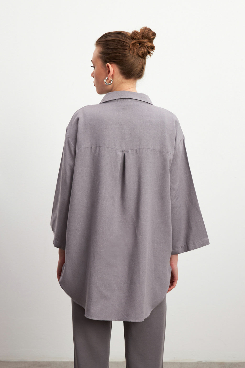 Kadın Gri Bağlama Detaylı Flam Keten Kimono