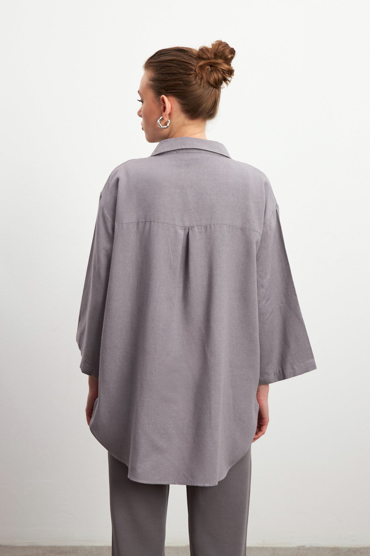Kadın Gri Bağlama Detaylı Flam Keten Kimono