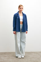 Kadın Lacivert Oversize Basic Cep Detaylı Poplin Uzun Kol Gömlek