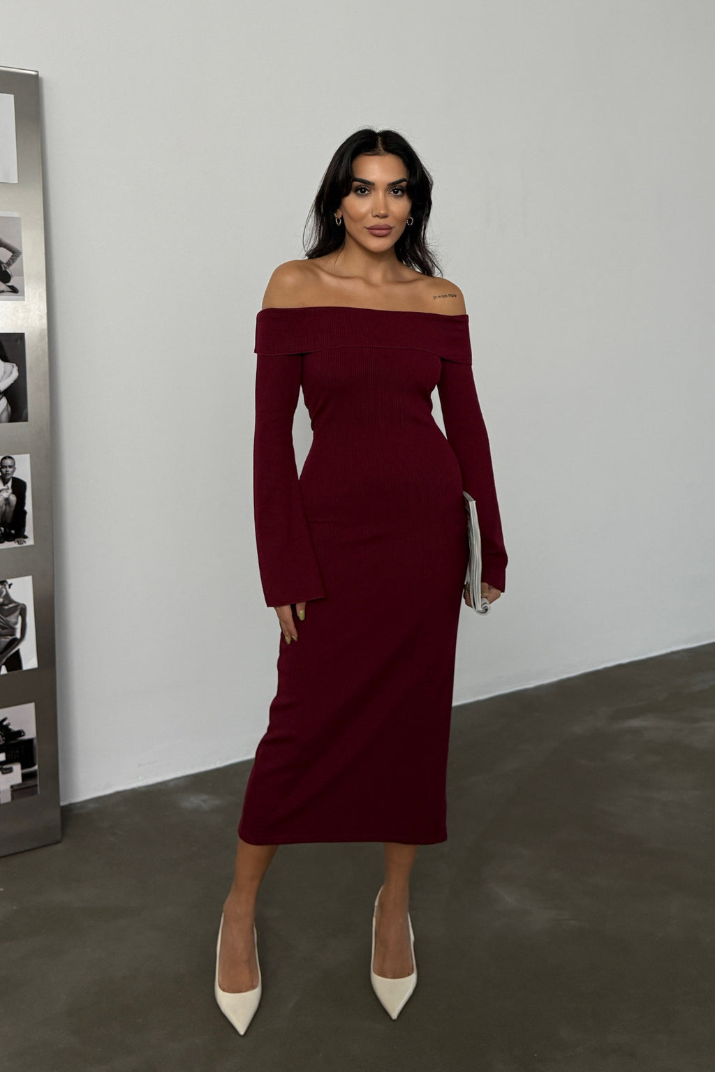 Kadın Bordo Carmen Yaka Yırtmaç Detaylı Midi Boy Basic Örme Elbise