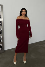 Kadın Bordo Carmen Yaka Yırtmaç Detaylı Midi Boy Basic Örme Elbise