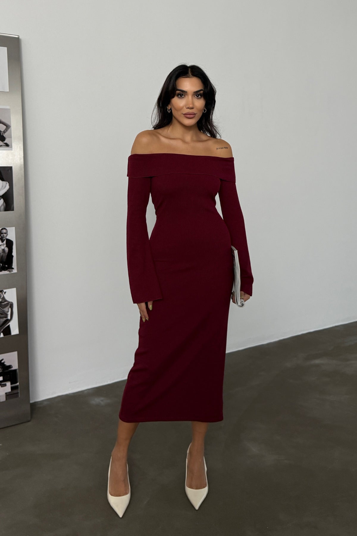 Kadın Bordo Carmen Yaka Yırtmaç Detaylı Midi Boy Basic Örme Elbise