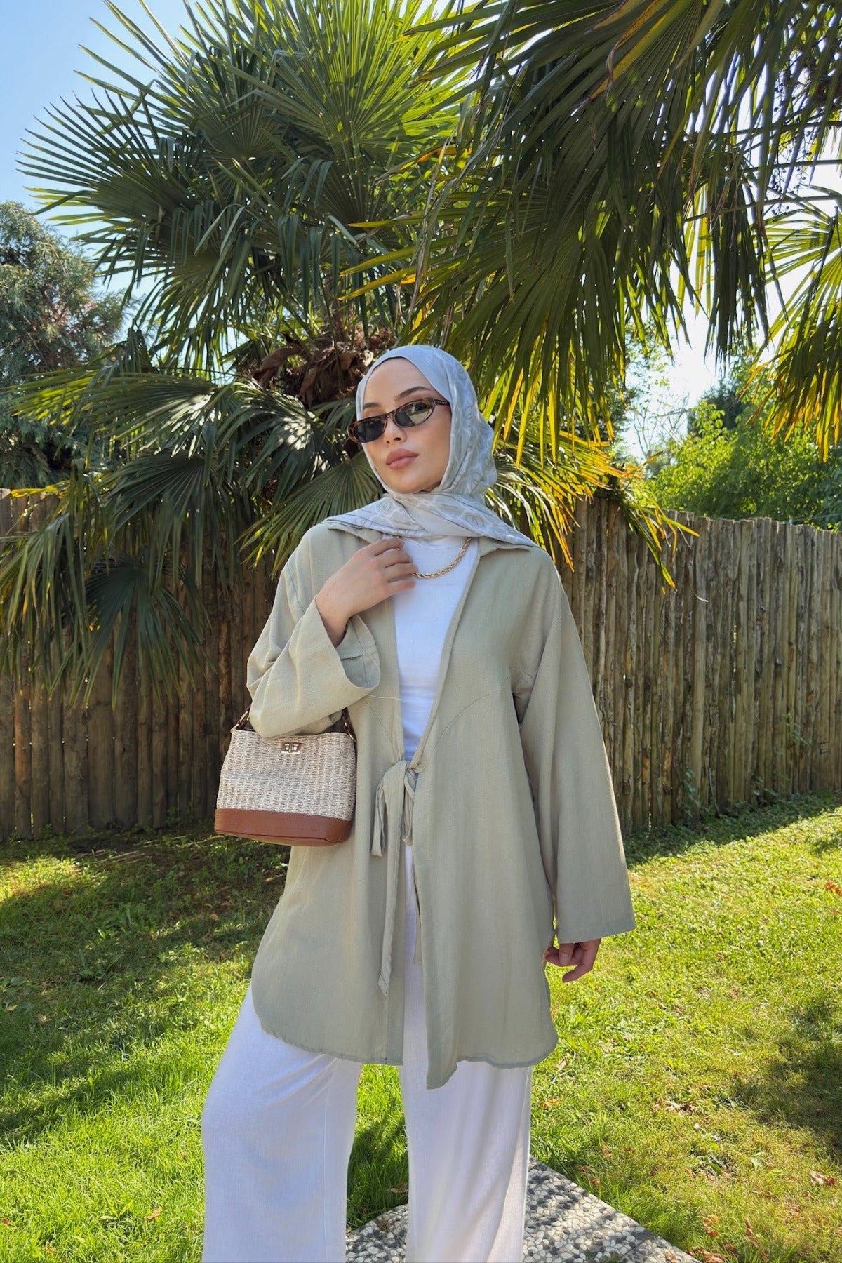 Kadın Küf Yeşili Bağlama Detaylı Flam Keten Kimono