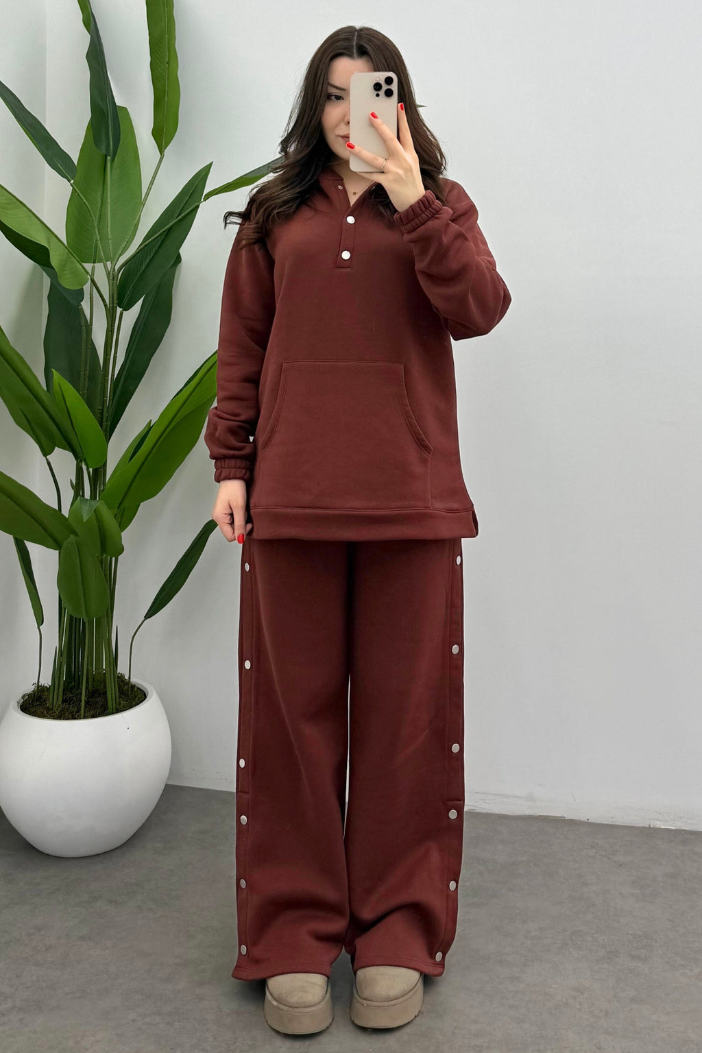 Kadın Kiremit Şardonlu Çıtçıt Detaylı Yumuşak Sweatshirt Takım
