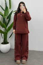 Kadın Kiremit Şardonlu Çıtçıt Detaylı Yumuşak Sweatshirt Takım