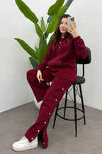 Kadın Bordo Şardonlu Çıtçıt Detaylı Yumuşak Sweatshirt Takım