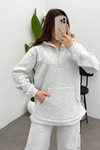 Kadın Açık Gri Şardonlu Çıtçıt Detaylı Yumuşak Sweatshirt Takım