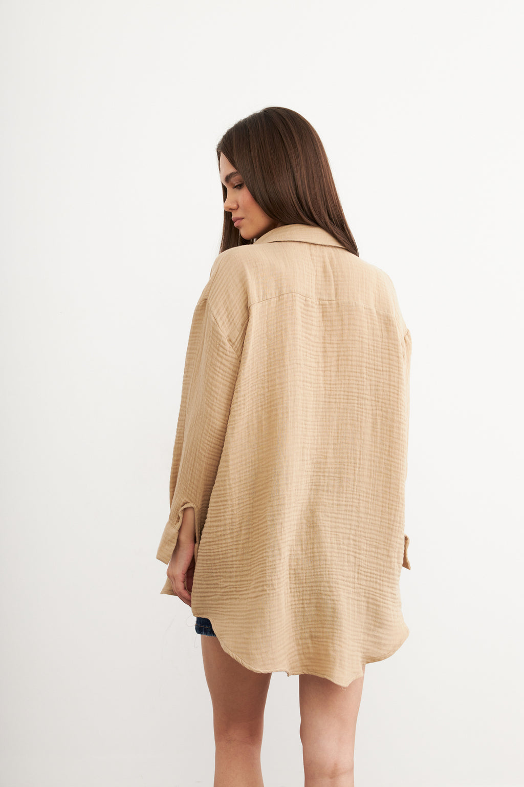 Kadın Krem Oversize Basic Müslin Gömlek