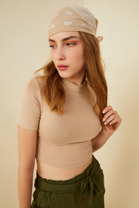 Kadın Krem Kısa Kol Crop Bluz