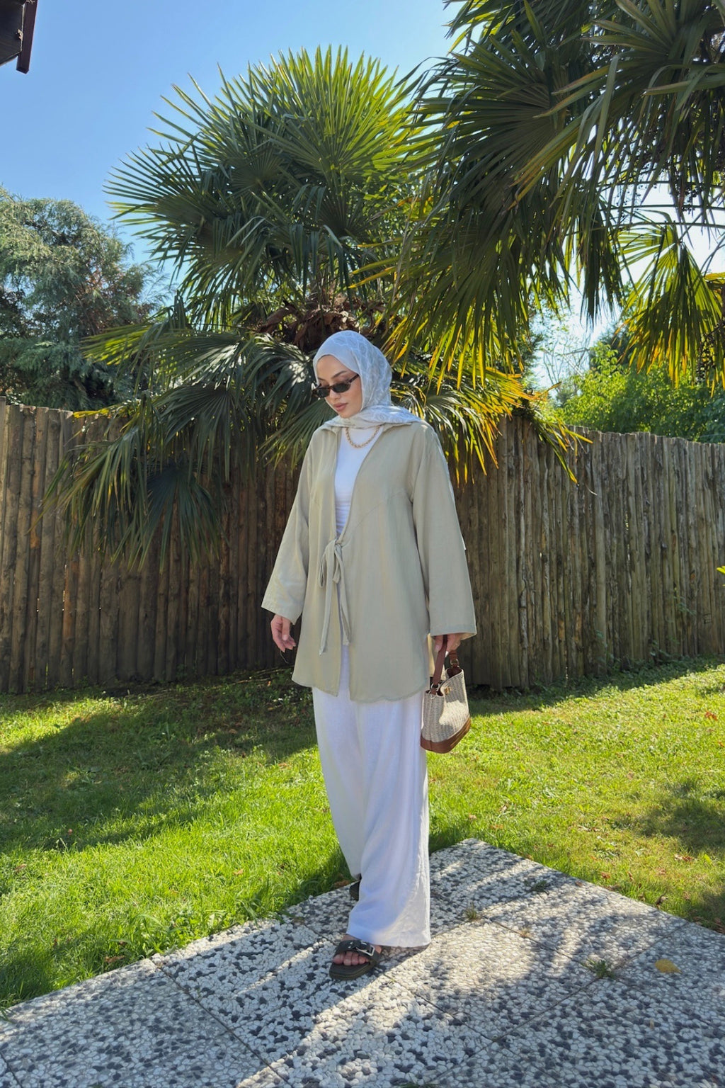 Kadın Küf Yeşili Bağlama Detaylı Flam Keten Kimono