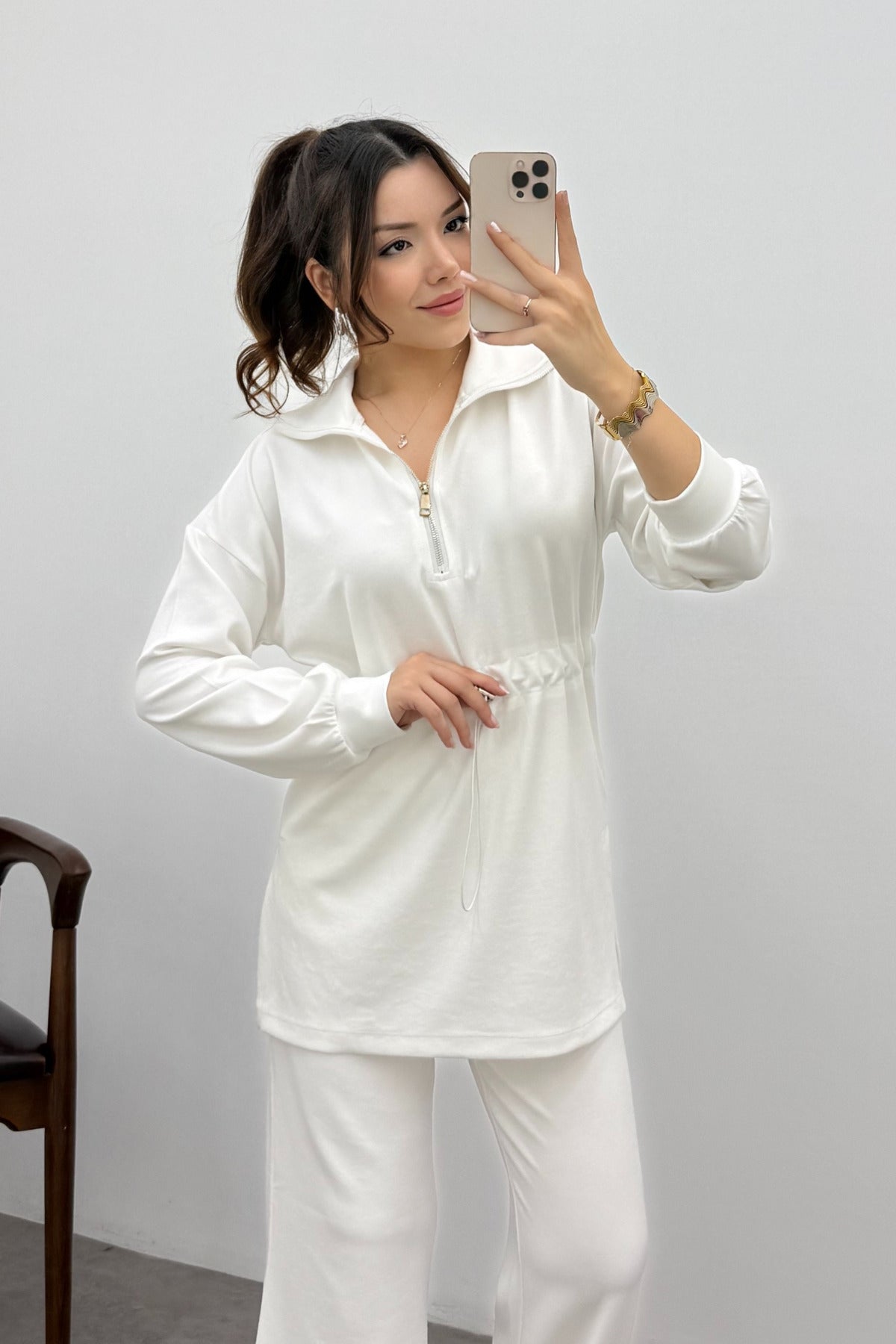 Kadın Beyaz Beli Lastikli Fermuarlı Modal Sweat Takım