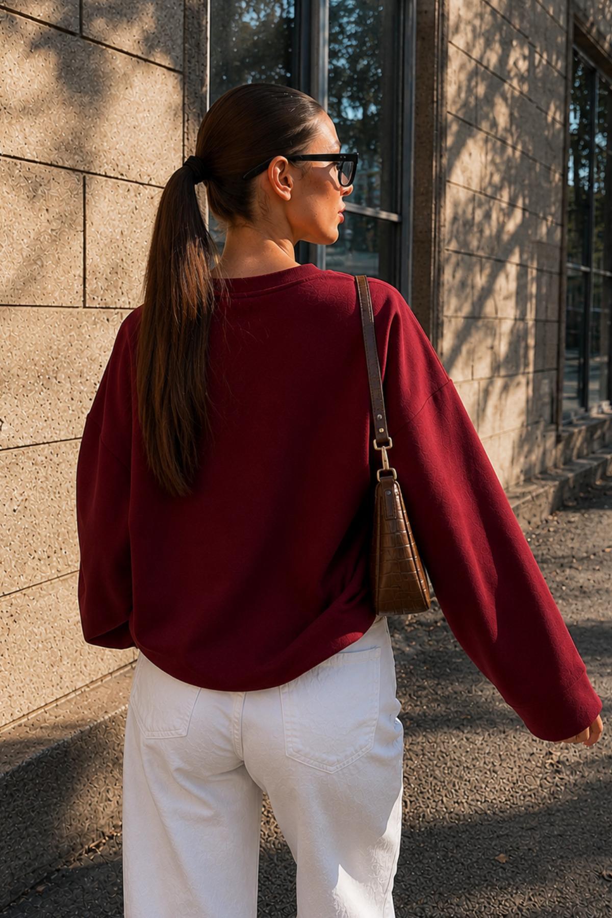 Kadın Bordo Suprem Likralı Oversize T-Shirt