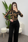 Kadın Siyah Camel Çengel Desenli Yarım Balıkçı Crop Bluz