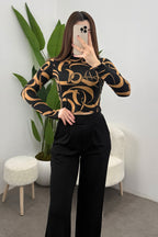 Kadın Siyah Camel Çengel Desenli Yarım Balıkçı Crop Bluz