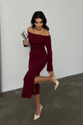 Kadın Bordo Carmen Yaka Yırtmaç Detaylı Midi Boy Basic Örme Elbise