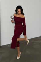 Kadın Bordo Carmen Yaka Yırtmaç Detaylı Midi Boy Basic Örme Elbise