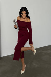 Kadın Bordo Carmen Yaka Yırtmaç Detaylı Midi Boy Basic Örme Elbise