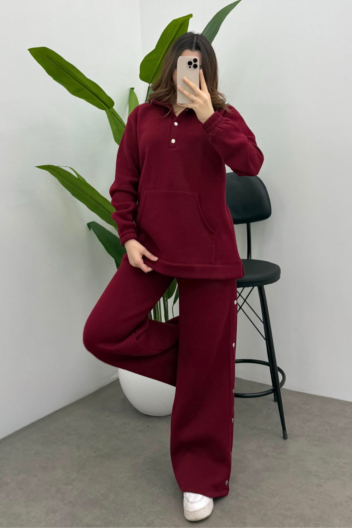 Kadın Bordo Şardonlu Çıtçıt Detaylı Yumuşak Sweatshirt Takım
