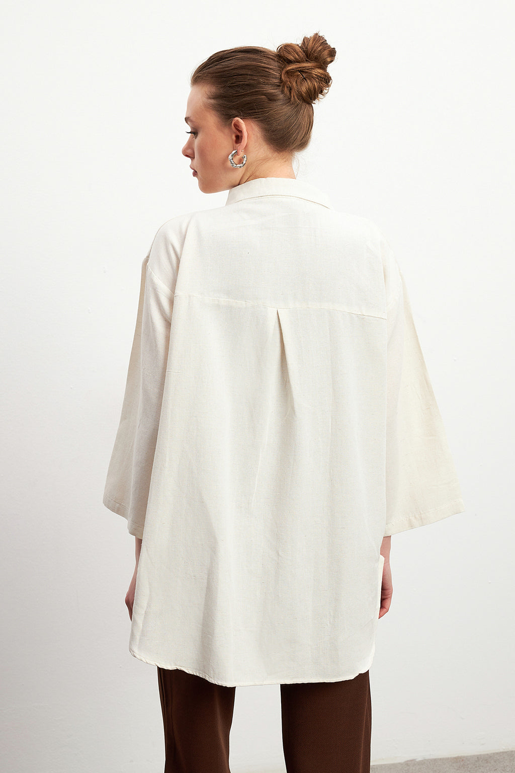 Kadın Ekru Bağlama Detaylı Flam Keten Kimono