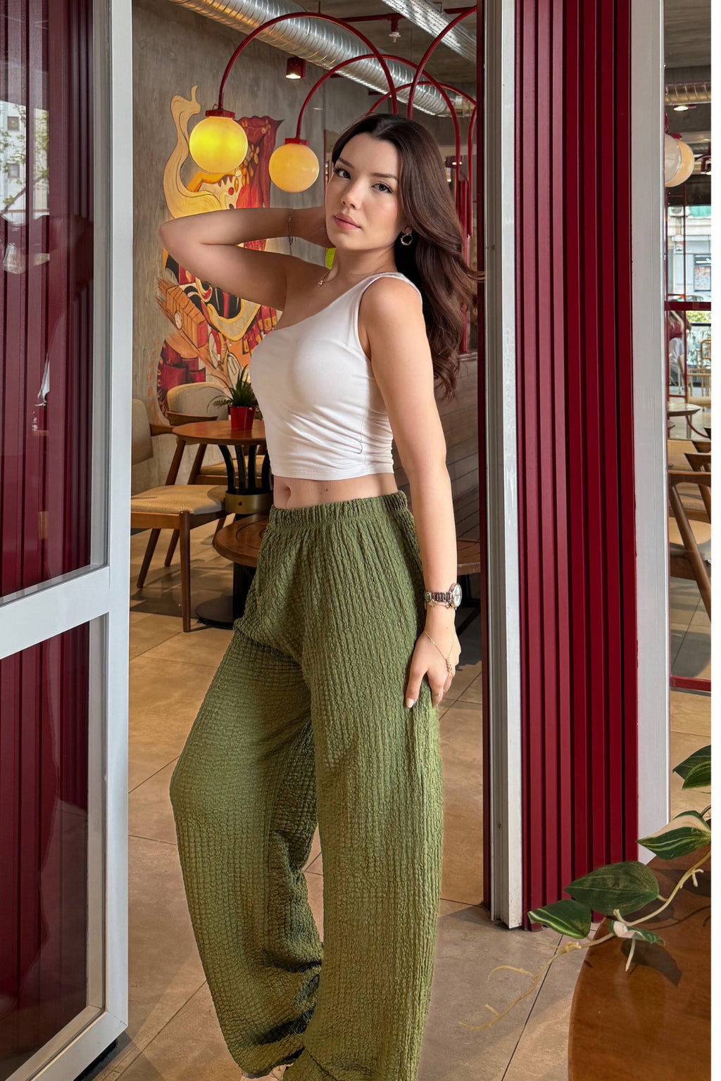 Kadın Haki Yüksek Bel Likralı Dökümlü Relax Bubble Pantolon