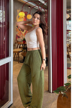 Kadın Haki Yüksek Bel Likralı Dökümlü Relax Bubble Pantolon