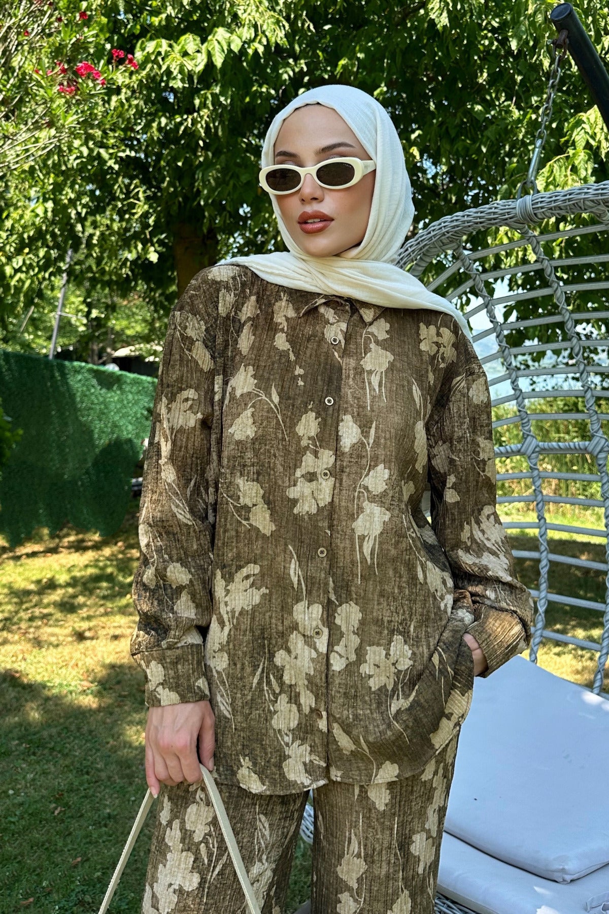 Kadın Koyu Hardal Yaprak Efektli Krinkıl Gömlek Pantolon Alt Üst Takım