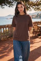 Kadın Bisiklet Yaka Pamuklu Oversize Relaxed Kısa Kol T-shirt Kahverengi