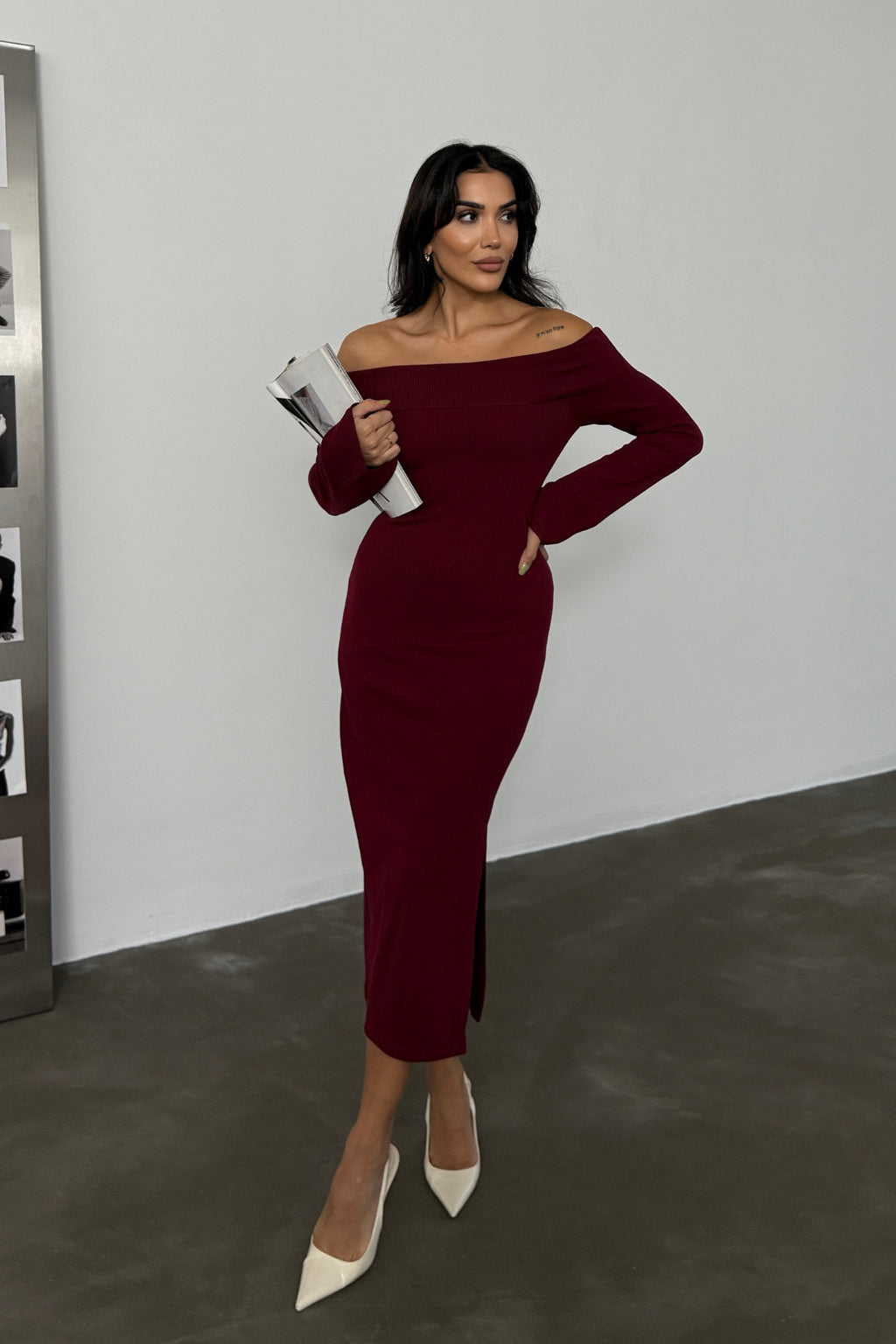 Kadın Bordo Carmen Yaka Yırtmaç Detaylı Midi Boy Basic Örme Elbise