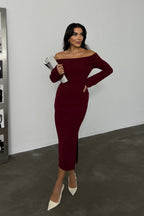 Kadın Bordo Carmen Yaka Yırtmaç Detaylı Midi Boy Basic Örme Elbise