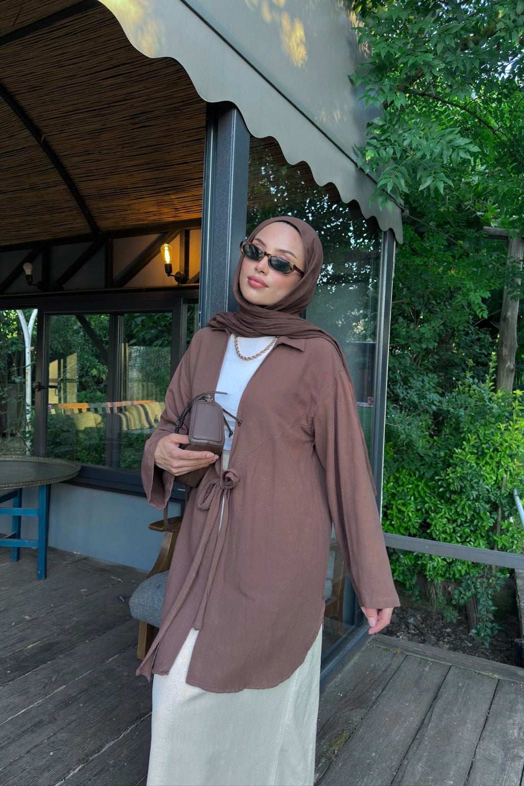 Kadın Acı Kahve Bağlama Detaylı Flam Keten Kimono
