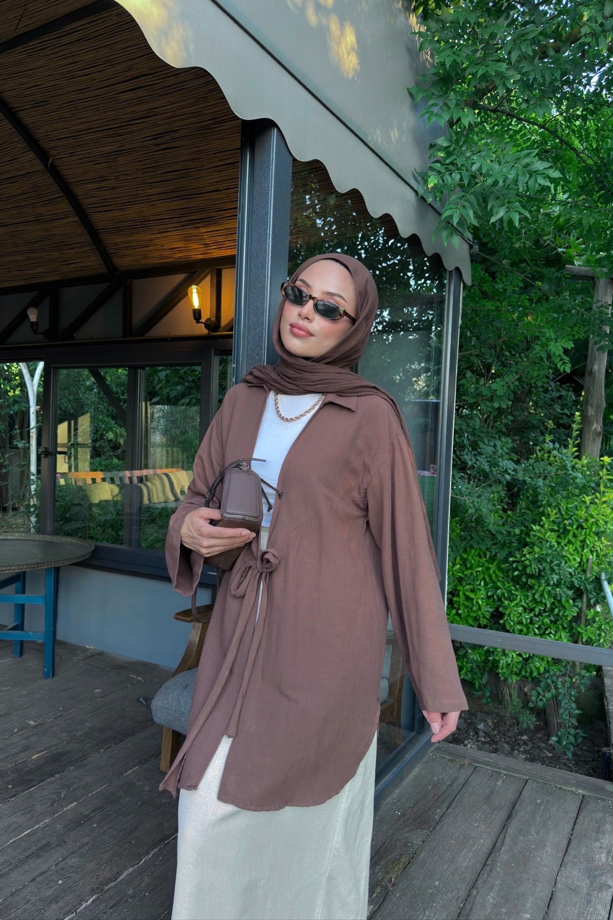 Kadın Acı Kahve Bağlama Detaylı Flam Keten Kimono