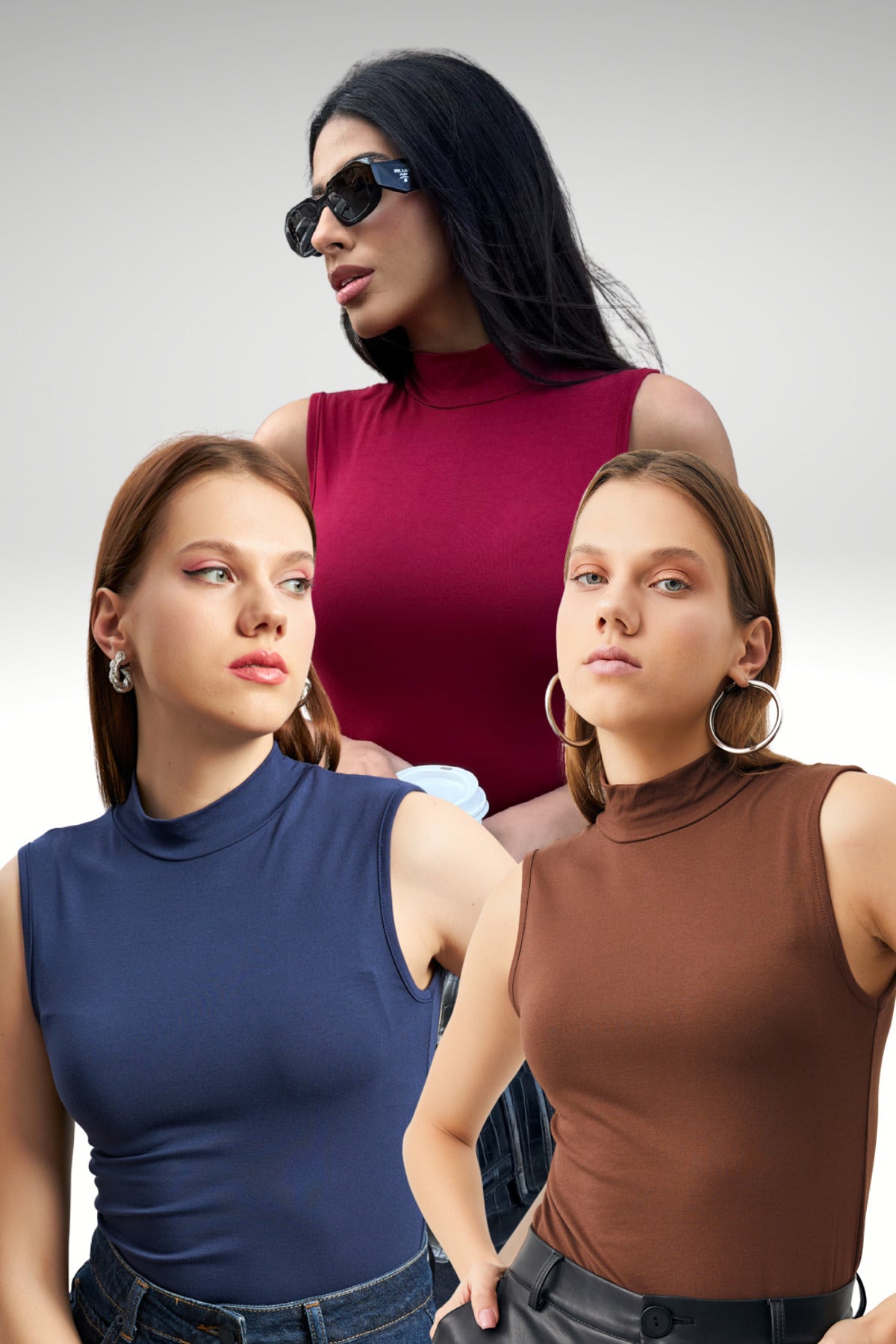 Kadın Acı Kahve Lacivert Bordo 3'lü Kolsuz Body