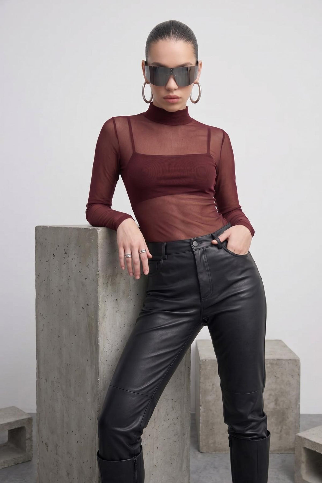 Kadın Bordo Transparan Tül Bluz
